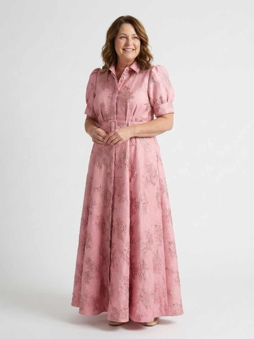 Xanthea | Vestido de Camisa Maxi Texturizado con Mangas Cortas y Cinturón