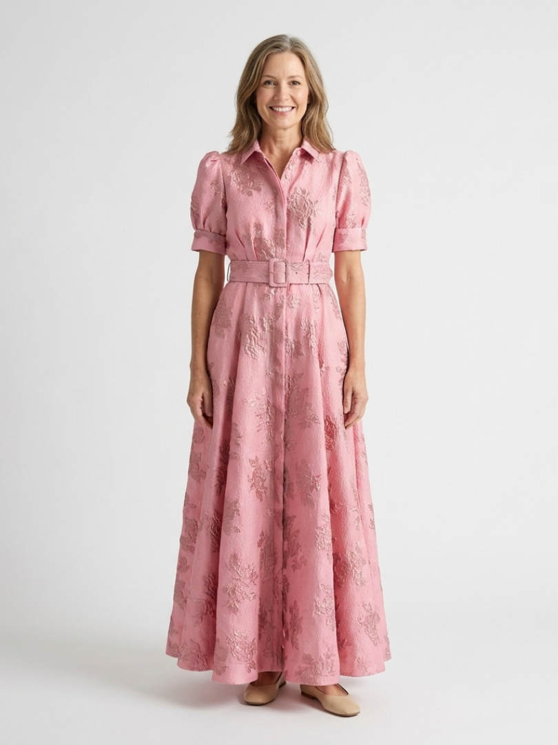 Xanthea | Vestido de Camisa Maxi Texturizado con Mangas Cortas y Cinturón