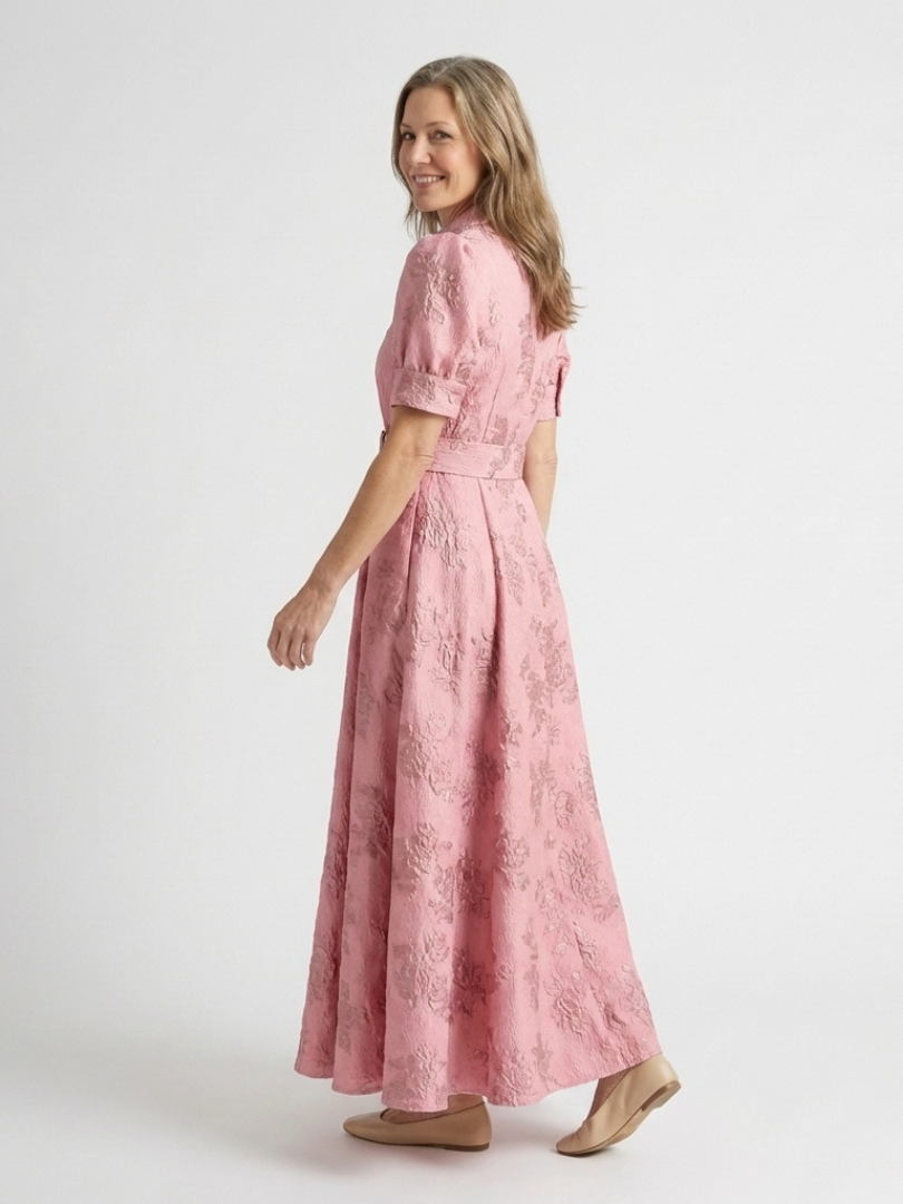 Xanthea | Vestido de Camisa Maxi Texturizado con Mangas Cortas y Cinturón