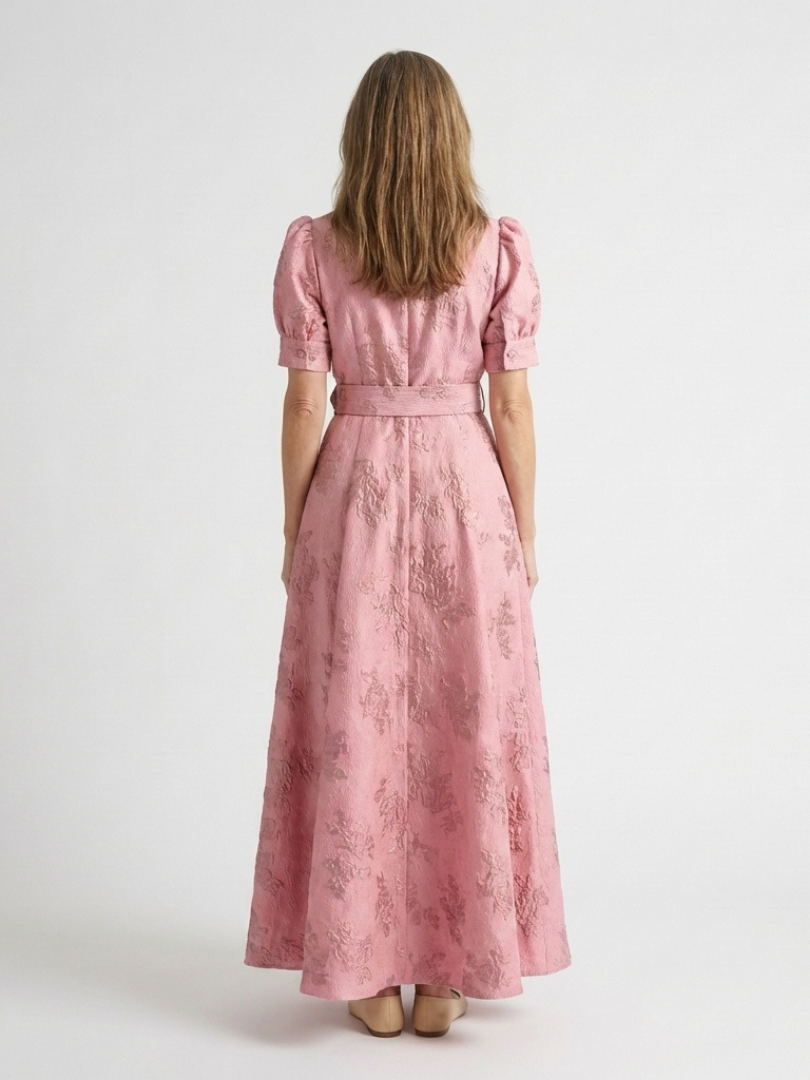 Xanthea | Vestido de Camisa Maxi Texturizado con Mangas Cortas y Cinturón