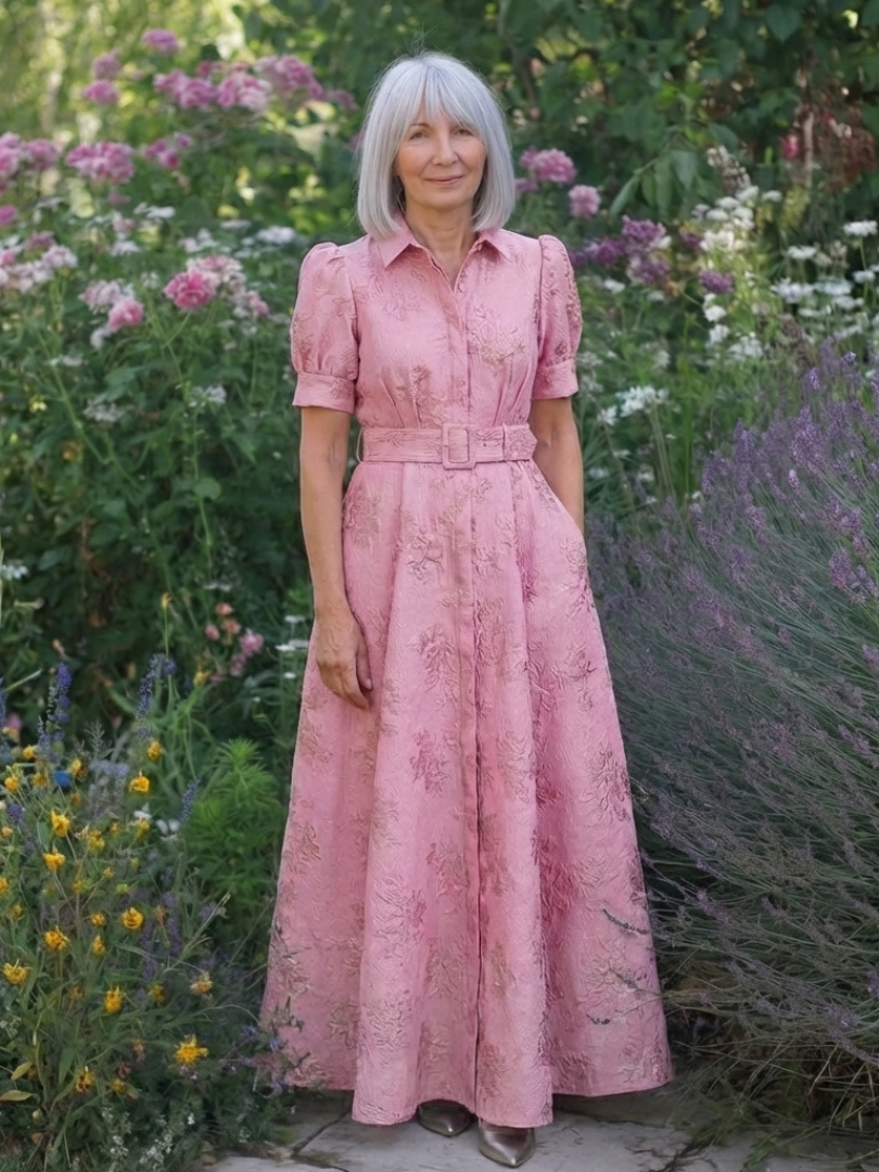 Xanthea | Vestido de Camisa Maxi Texturizado con Mangas Cortas y Cinturón