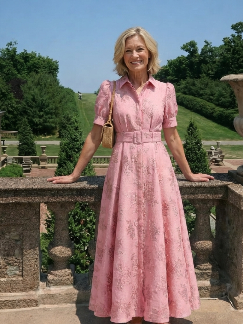 Xanthea | Vestido de Camisa Maxi Texturizado con Mangas Cortas y Cinturón