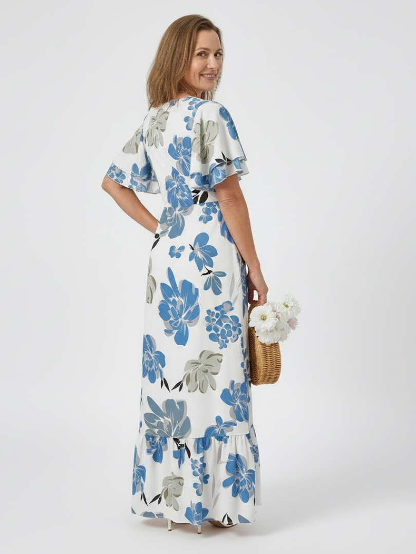 Elowen | Vestido Maxi de Cuello Redondo y Manga Corta con Volantes