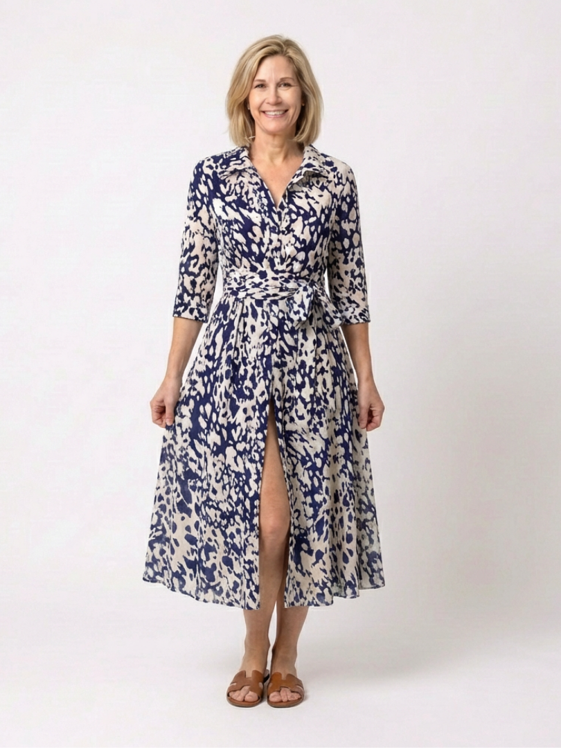 Oriana | Vestido midi de manga larga con cuello y lazo en la cintura