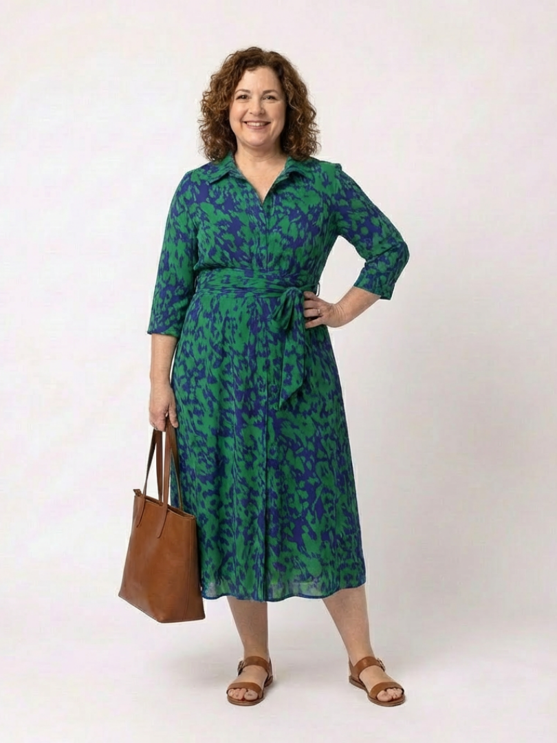 Oriana | Vestido midi de manga larga con cuello y lazo en la cintura