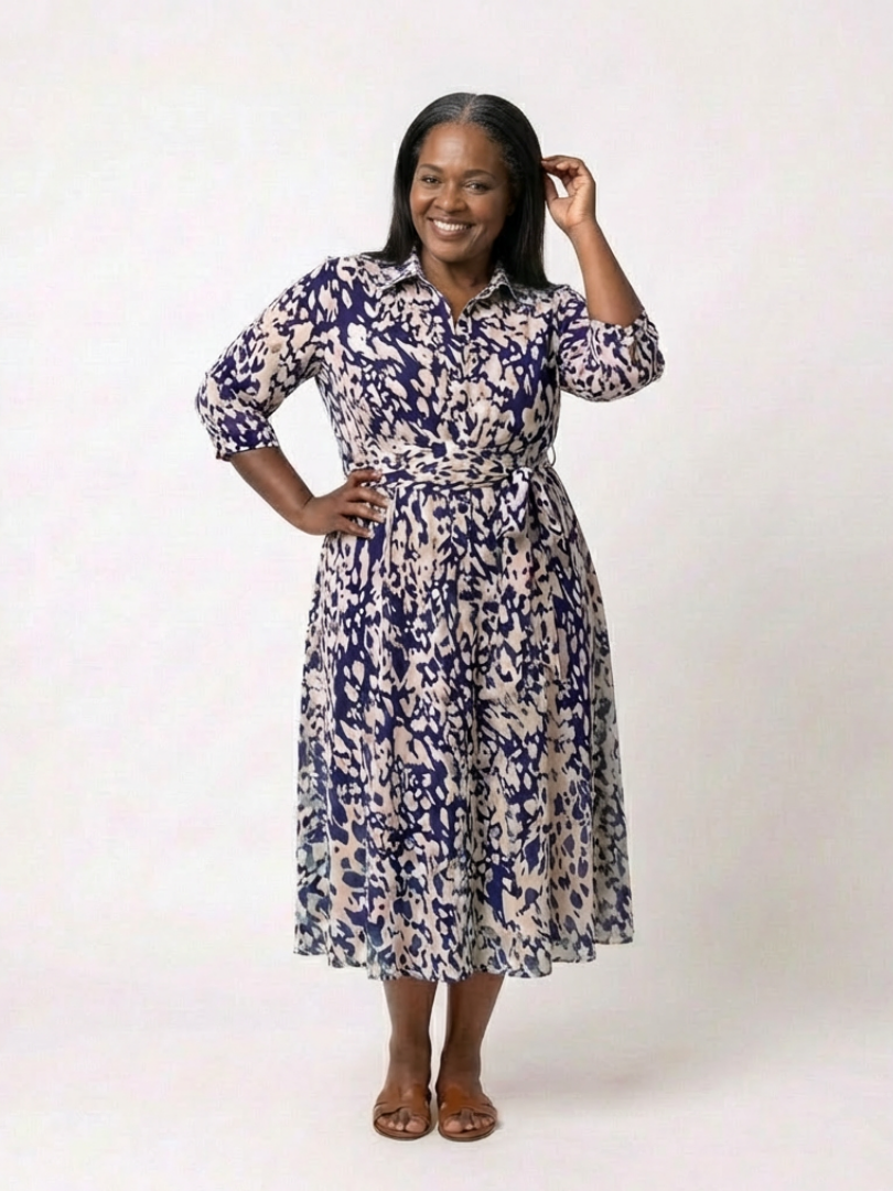Oriana | Vestido midi de manga larga con cuello y lazo en la cintura