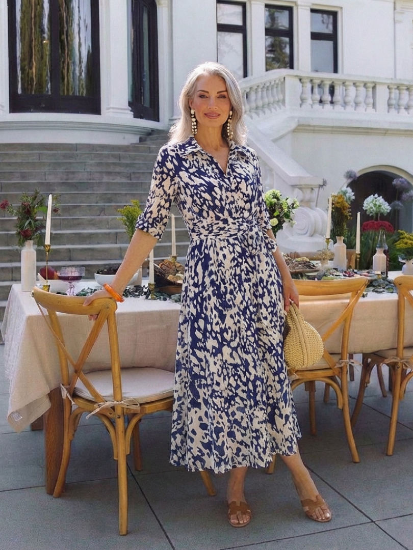 Oriana | Vestido midi de manga larga con cuello y lazo en la cintura