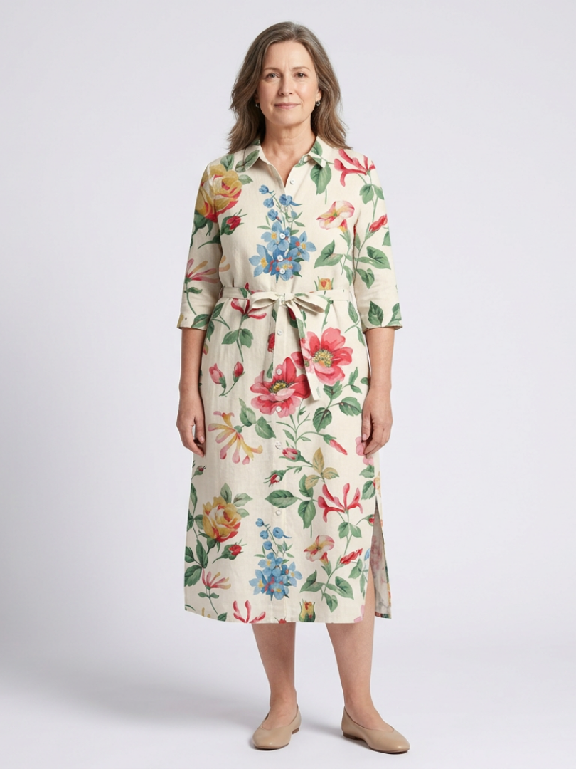 Maribel | Vestido Midi Floral de Media Manga con Botones
