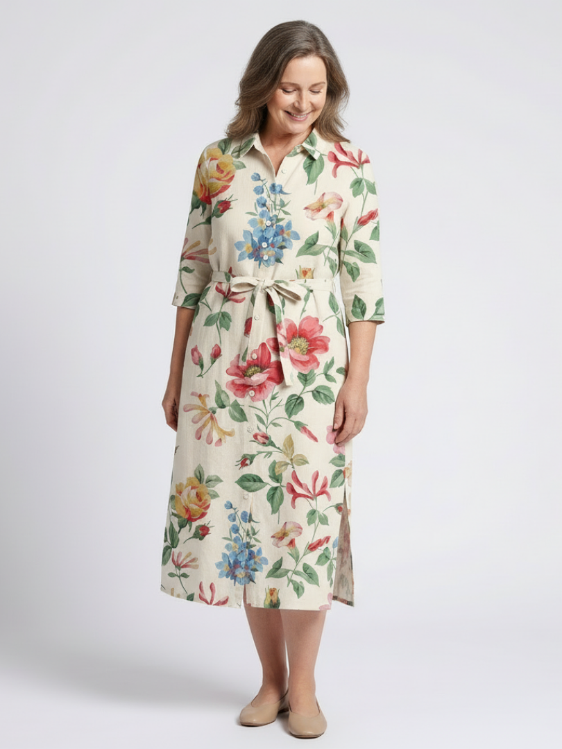 Maribel | Vestido Midi Floral de Media Manga con Botones
