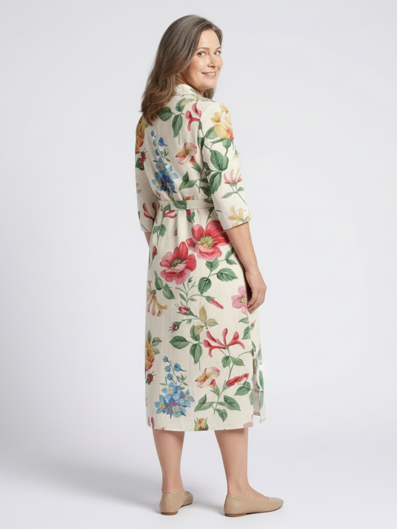 Maribel | Vestido Midi Floral de Media Manga con Botones