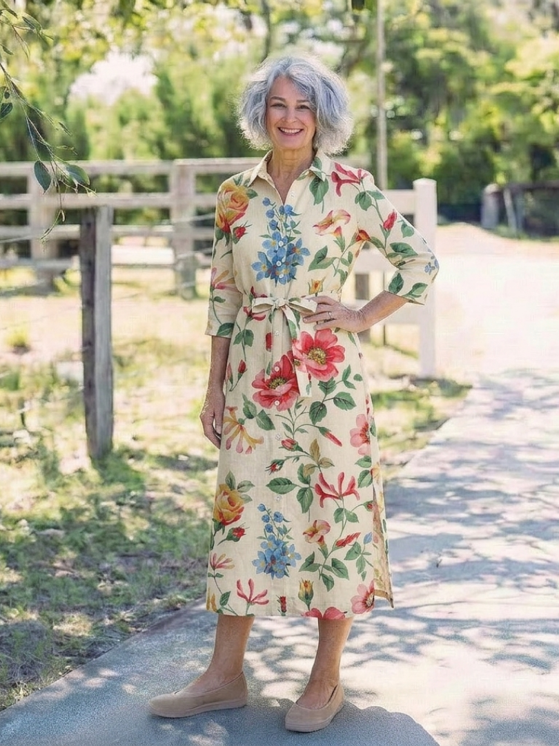 Maribel | Vestido Midi Floral de Media Manga con Botones