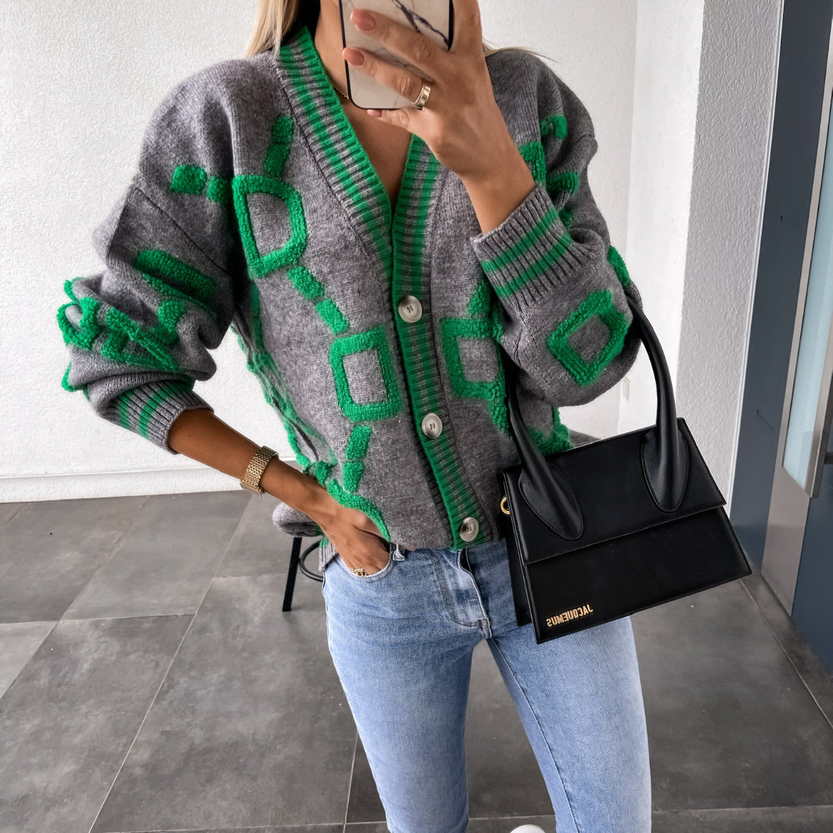 AURISAYA – V-NECK CASUAL COLOR CONTRAST KNIT CARDIGAN
