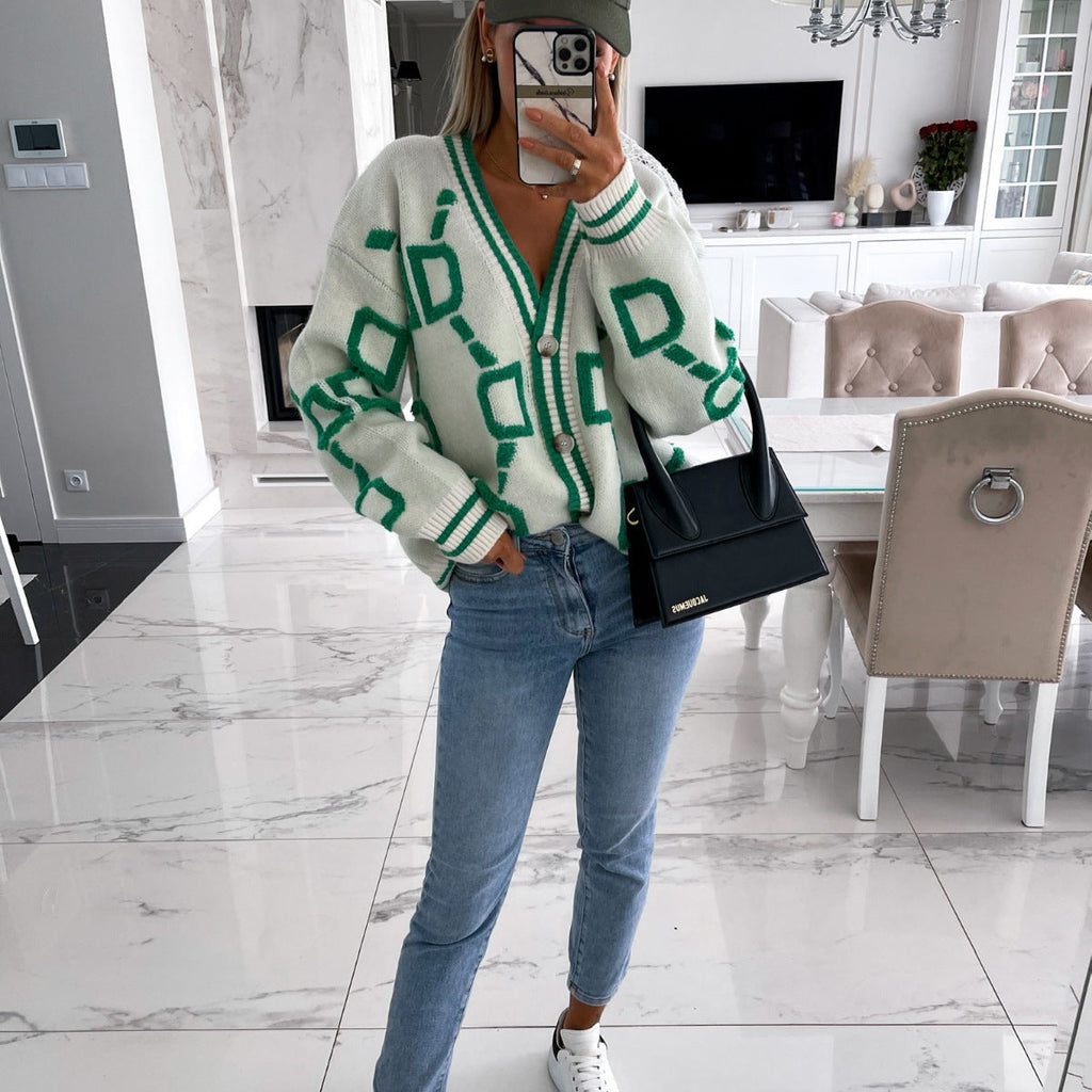AURISAYA – V-NECK CASUAL COLOR CONTRAST KNIT CARDIGAN