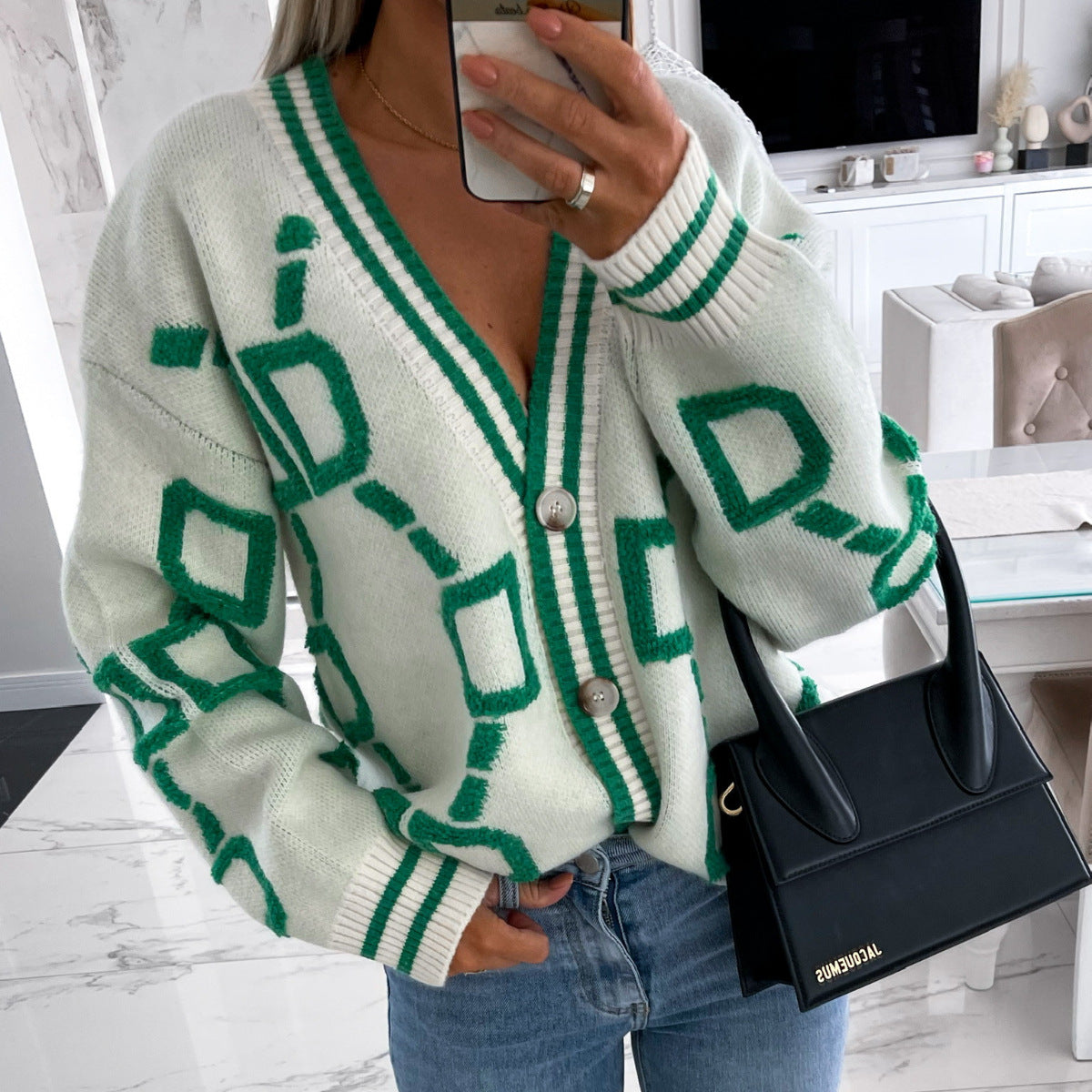 AURISAYA – V-NECK CASUAL COLOR CONTRAST KNIT CARDIGAN