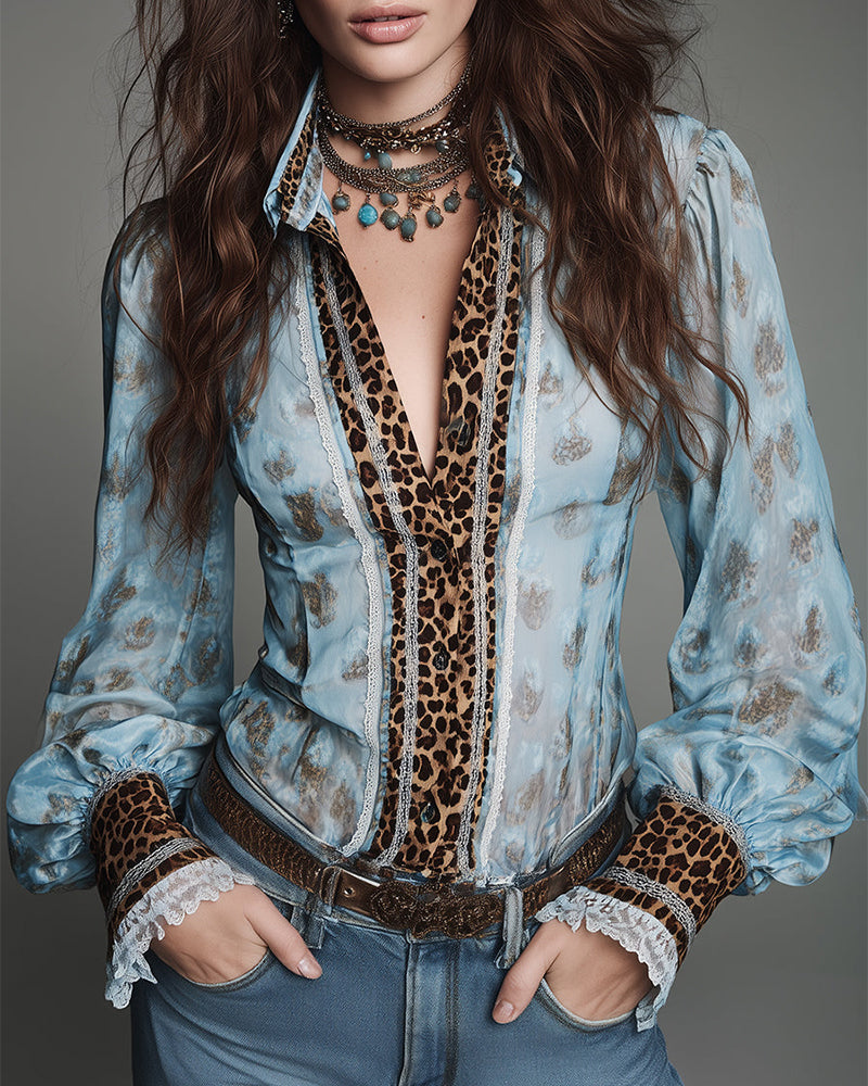 Puff Sleeve Leopard Print Blouse Inserted