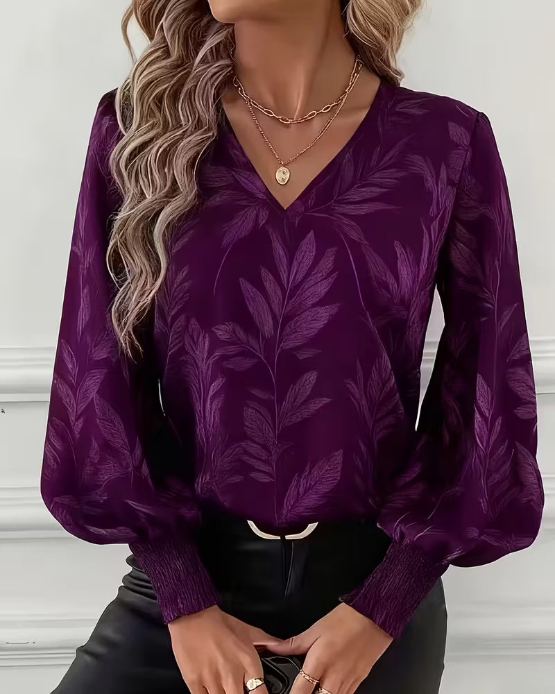 Leaf Pattern Blouse V-Neck Long Sleeves