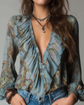 Elegant Printed Deep V Blouse with Ruffles
