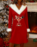 Christmas Print Fur Collar Dress