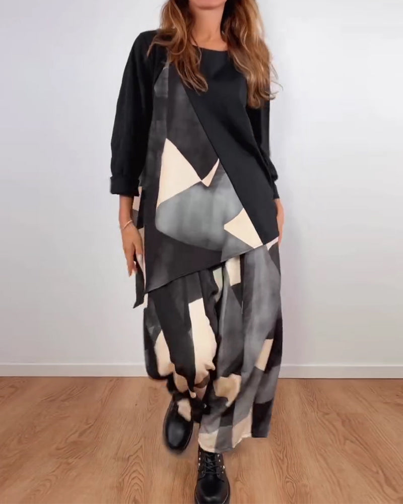 Casual Geometric Printed Two-Piece Set Wide Pants