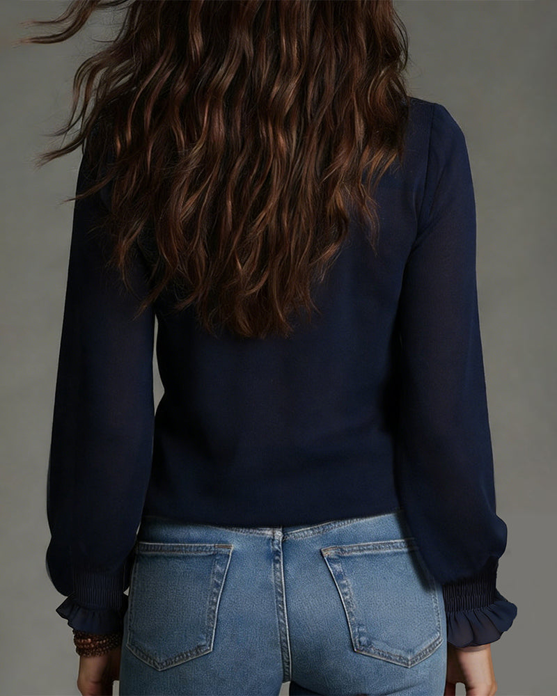 Solid Ruffle Collar Half-Zip Blouse