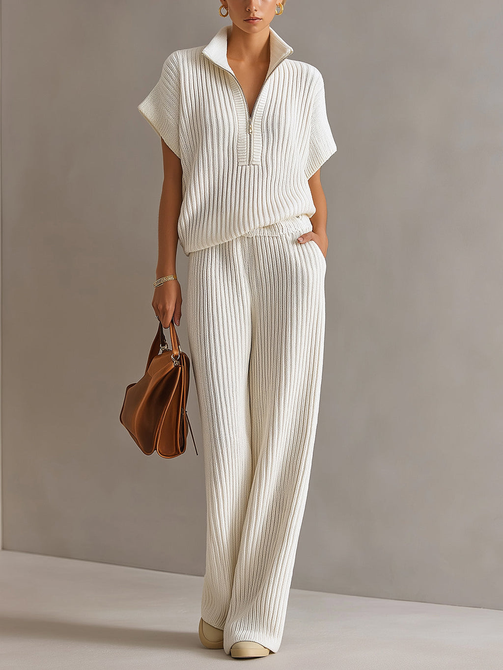 Kennedy Chic Elegant Cream White Zipper-Up Stand Collar Oversize Short-Sleeve Sweater Wide-Leg Pants Ribbed Knit Two-Piece Set
