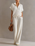 Kennedy Chic Elegant Cream White Zipper-Up Stand Collar Oversize Short-Sleeve Sweater Wide-Leg Pants Ribbed Knit Two-Piece Set