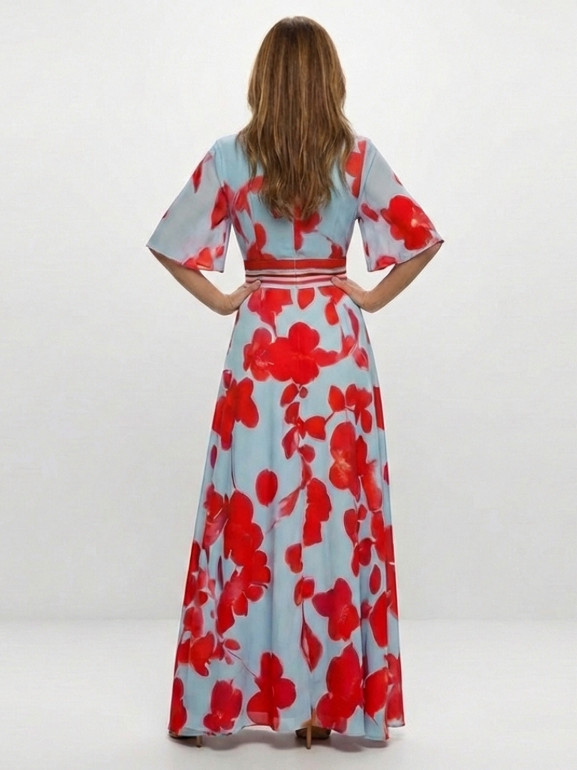 Corinne | Vestido Maxi Floral de Manga Corta con Escote en V