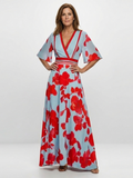 Corinne | Vestido Maxi Floral de Manga Corta con Escote en V