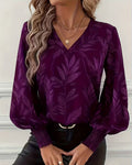 Leaf Pattern Blouse V-Neck Long Sleeves