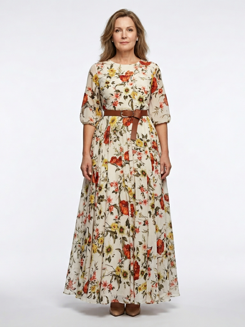 Odelia | Vestido Maxi con Cuello Redondo y Mangas Tres Cuartos con Cinturón
