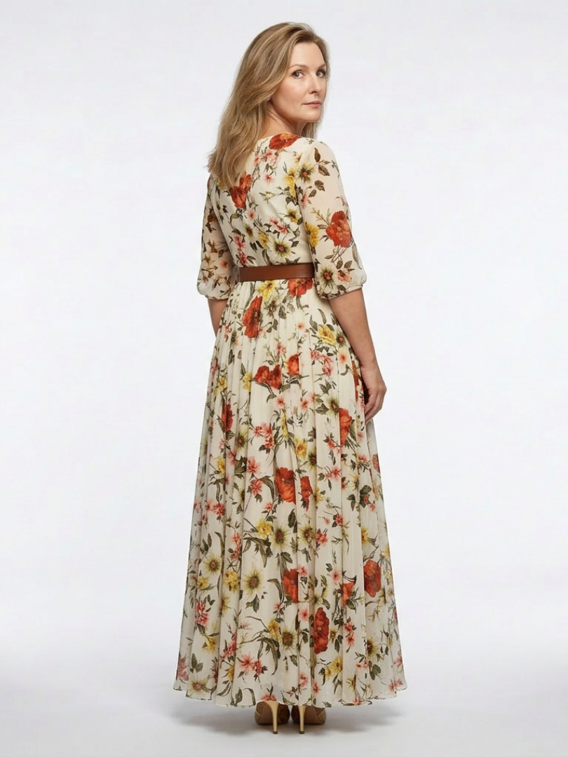 Odelia | Vestido Maxi con Cuello Redondo y Mangas Tres Cuartos con Cinturón