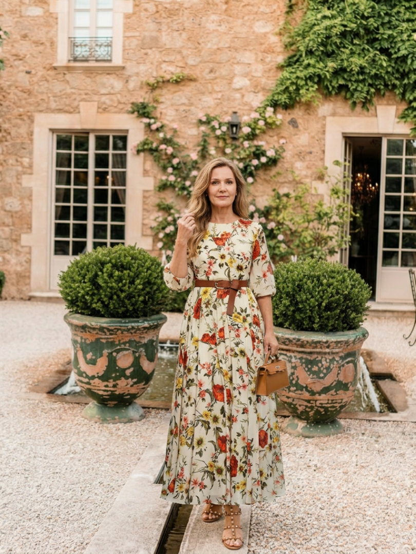 Odelia | Vestido Maxi con Cuello Redondo y Mangas Tres Cuartos con Cinturón