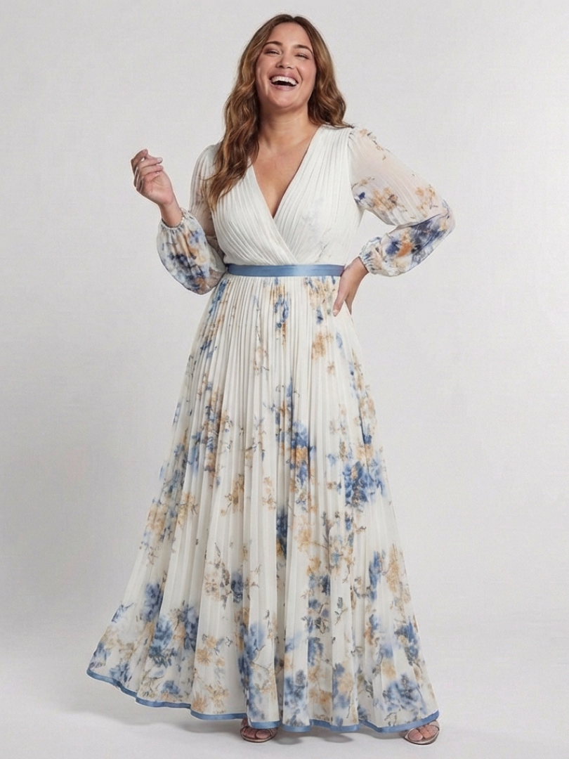 Lavinia | Vestido Maxi Floral de Manga Larga con Escote en V