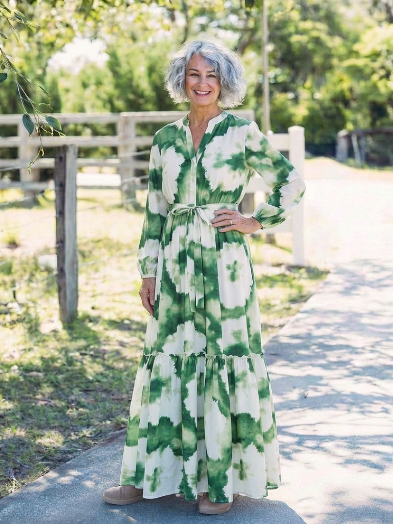 Sabine | Vestido Maxi de Manga Larga con Cintura Ajustable en Capas