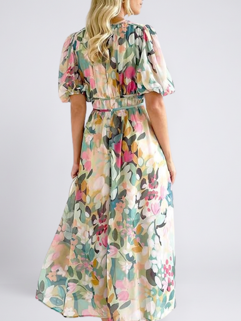 Eulalie | Vestido midi de manga corta con escote en V y cintura fruncida