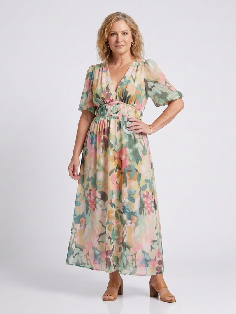 Eulalie | Vestido midi de manga corta con escote en V y cintura fruncida