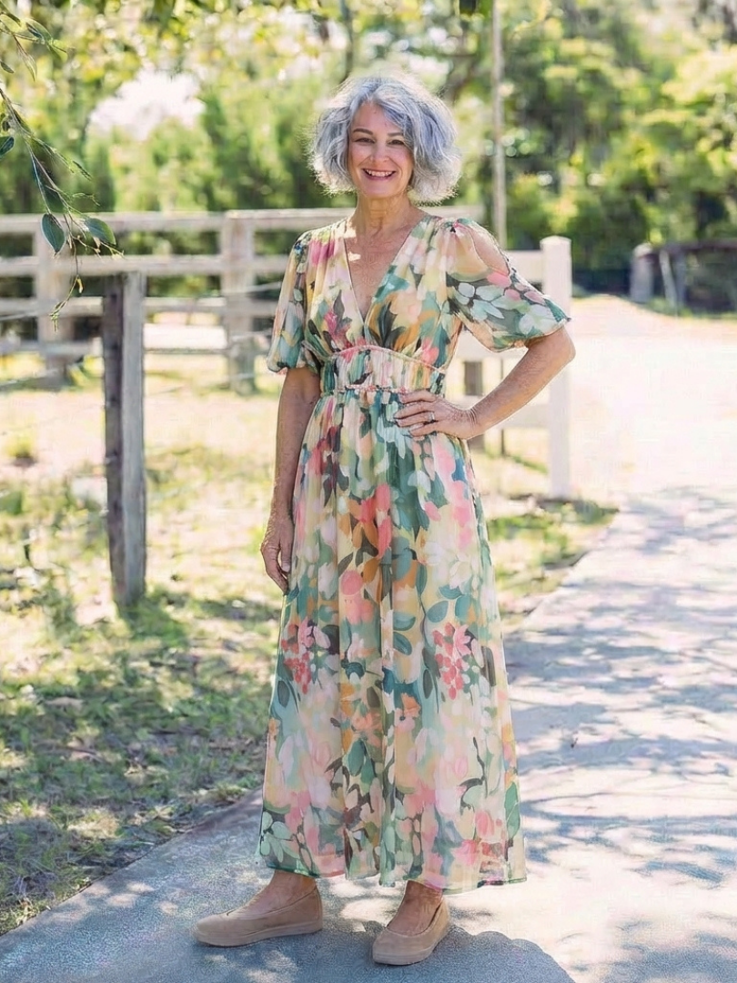 Eulalie | Vestido midi de manga corta con escote en V y cintura fruncida