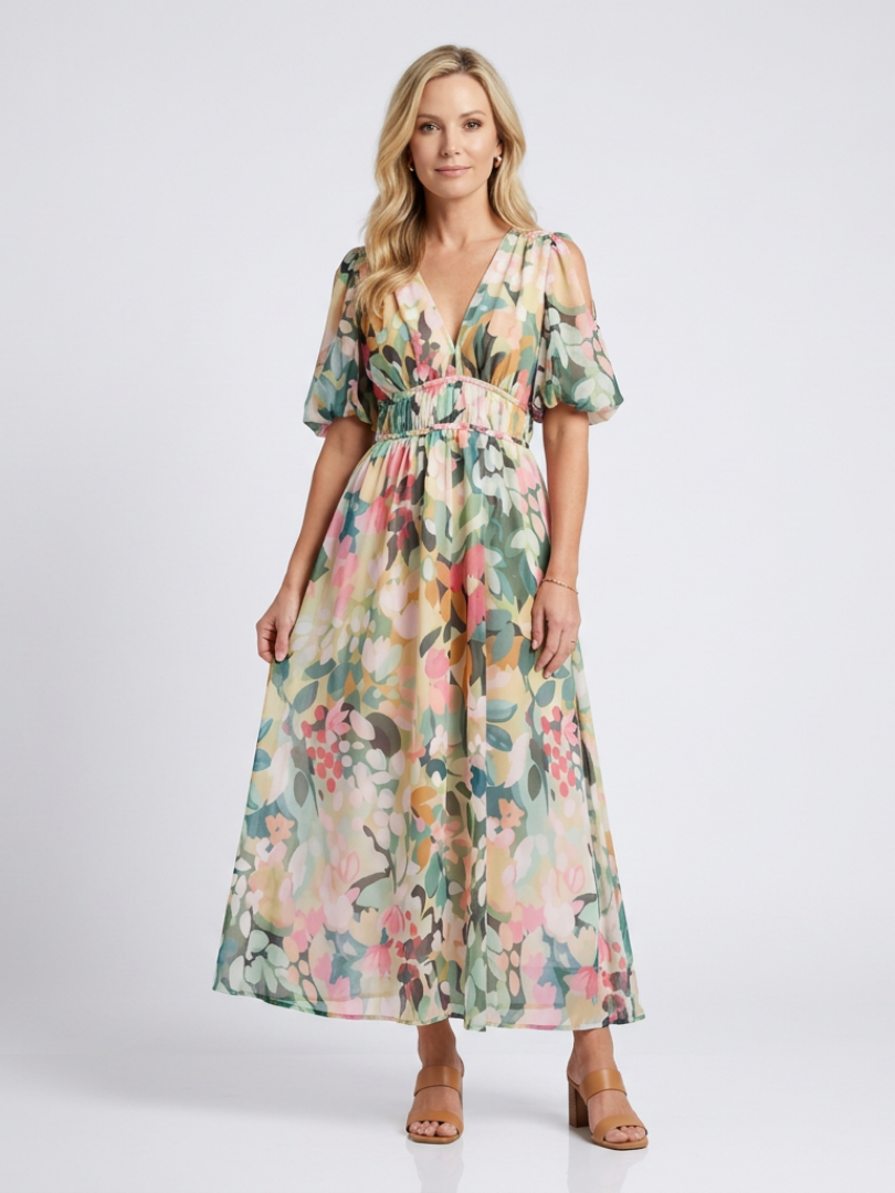 Eulalie | Vestido midi de manga corta con escote en V y cintura fruncida