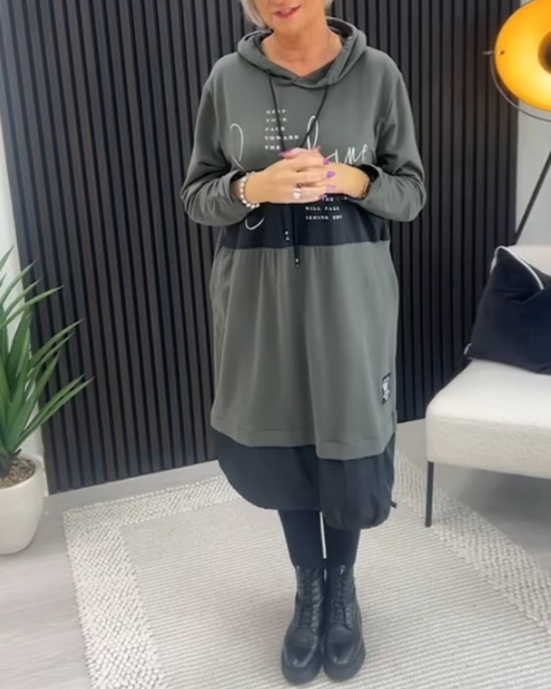 Casual Hooded Dress with Color Block Letter Print and Pocket