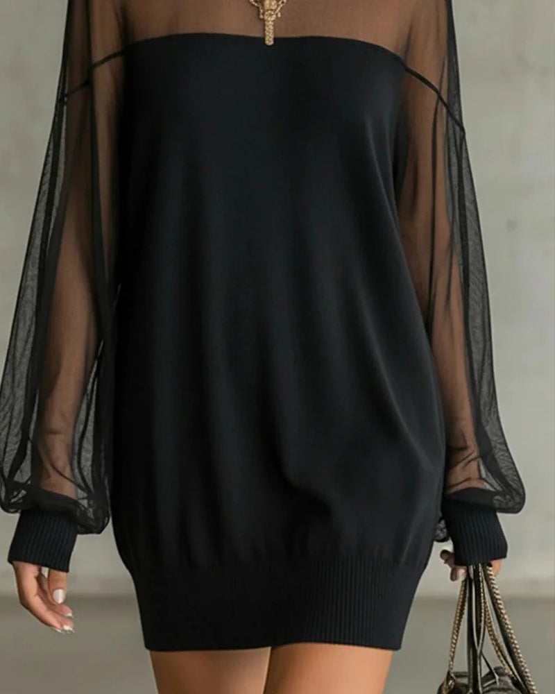 Solid Color Lantern Sleeve Patchwork Dress