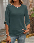 Solid Waffle Pattern Top with Round Neck