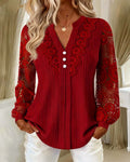 Lace Blouse Panel Long Sleeve V-Neck
