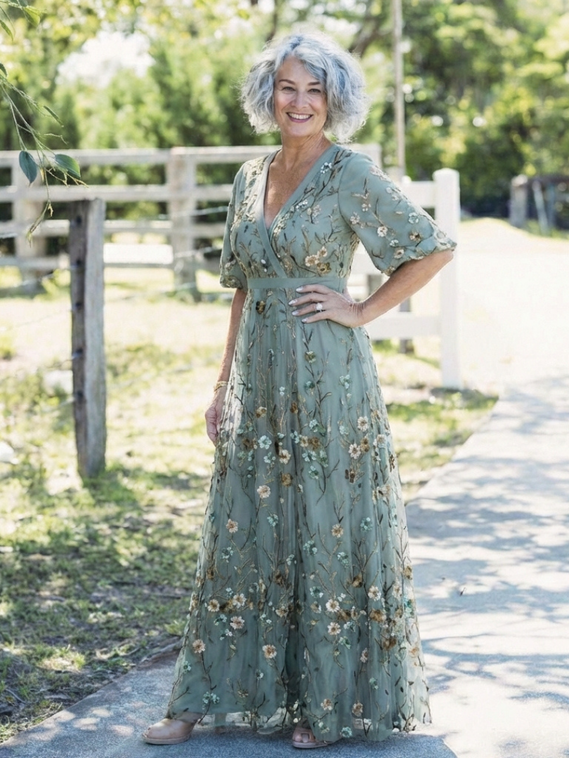 Evadne | Vestido Maxi Bordado con Escote en V