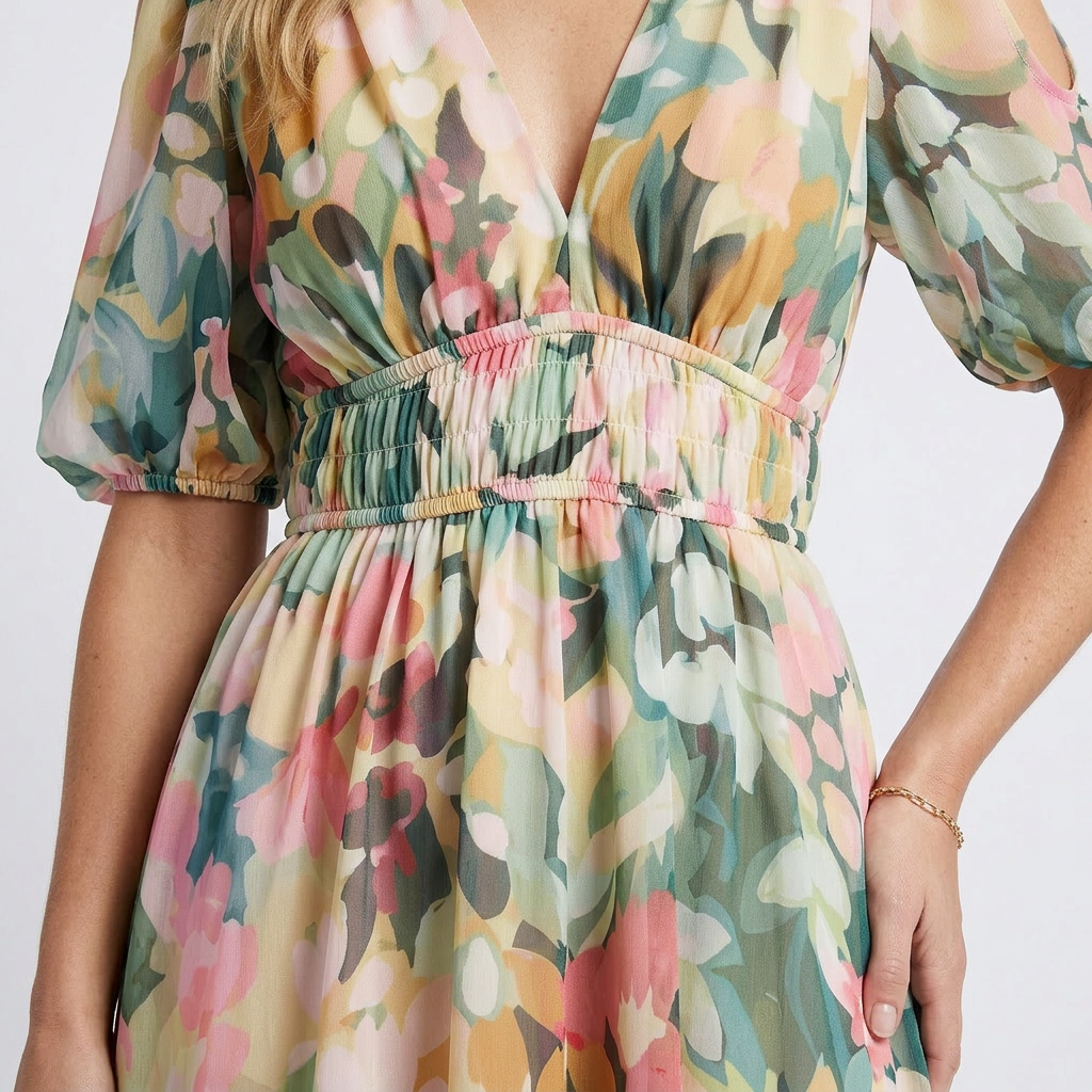 Eulalie | Vestido midi de manga corta con escote en V y cintura fruncida