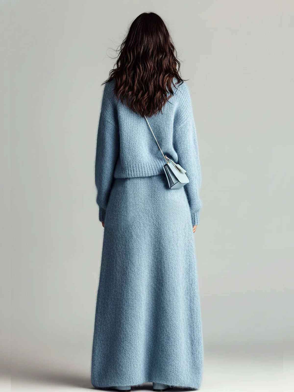 Sarah Chic Elegant Blue Stand Collar V Neck Long Sleeve Loose Sweater Patch Pocket Maxi Skirt Fuzzy Knit Two-Piece Set