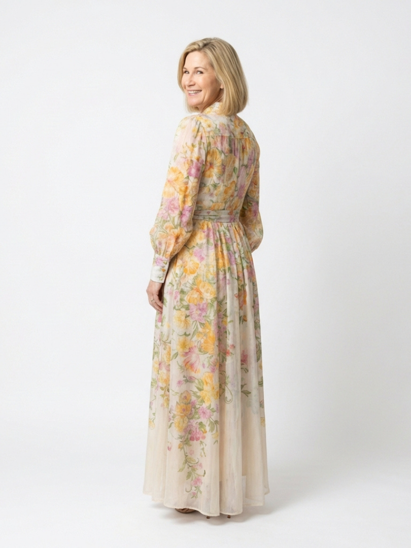 Cressida | Vestido Maxi Largo de Manga Larga Floral Transparente