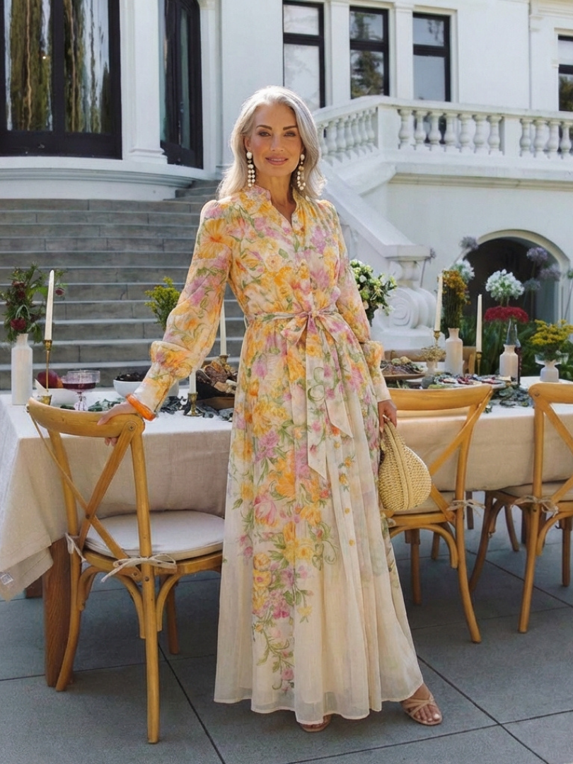 Cressida | Vestido Maxi Largo de Manga Larga Floral Transparente