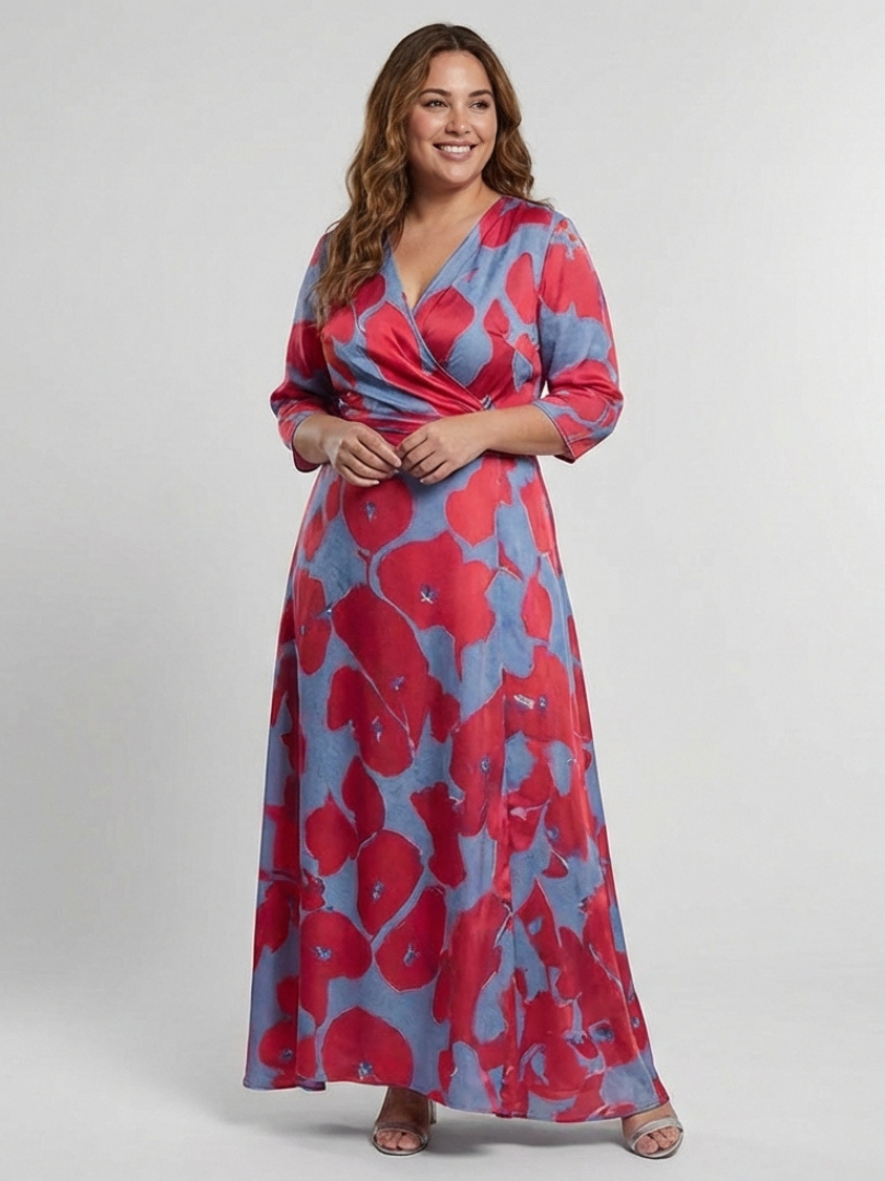Danielle | Vestido Maxi Floral con Manga Tres Cuartos y Escote en V