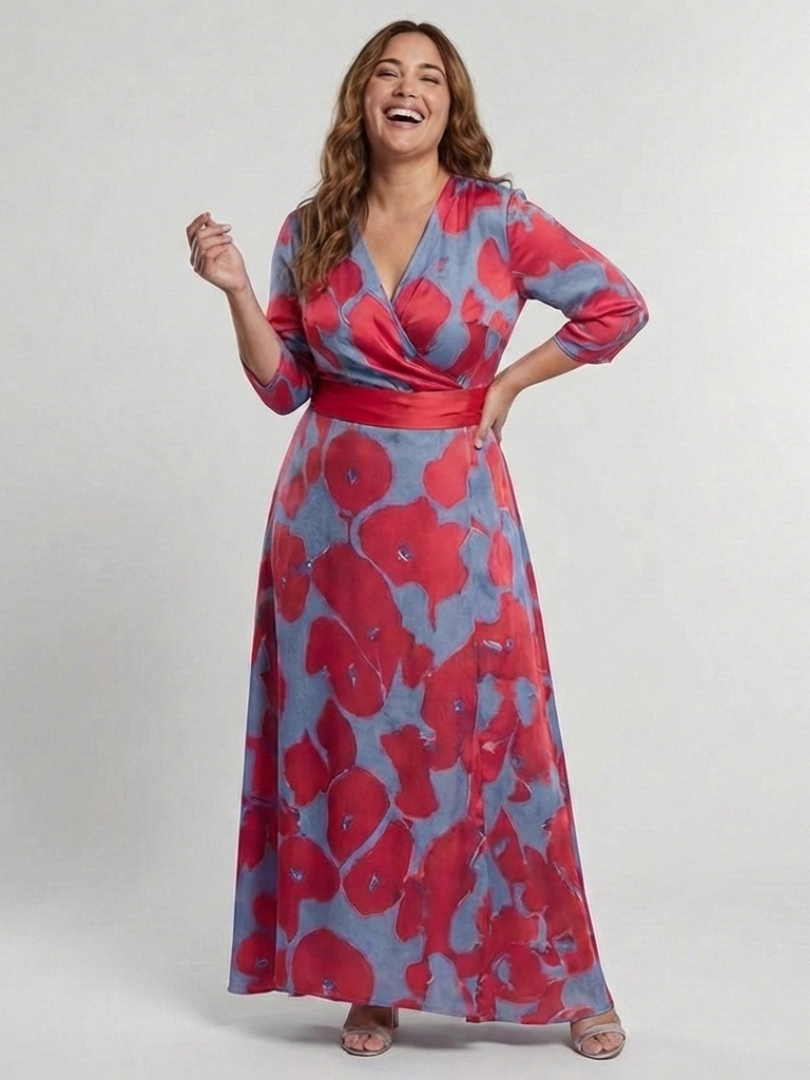 Danielle | Vestido Maxi Floral con Manga Tres Cuartos y Escote en V