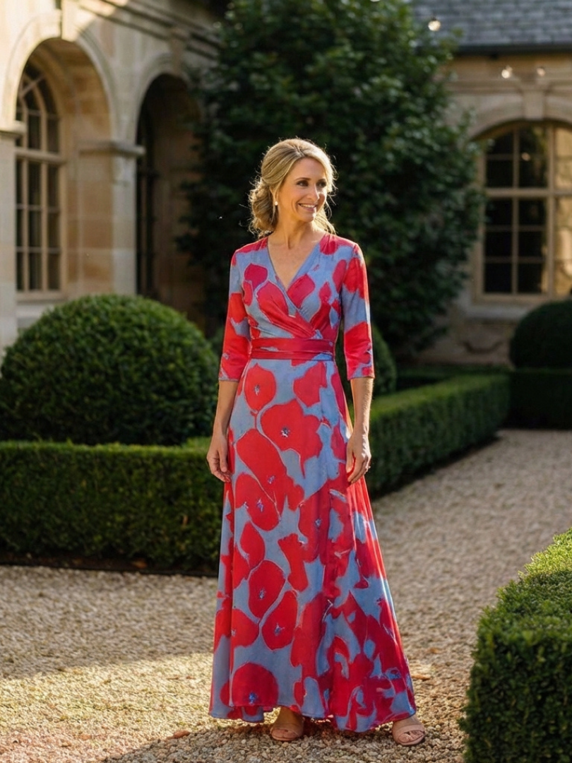 Danielle | Vestido Maxi Floral con Manga Tres Cuartos y Escote en V